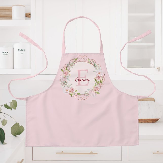 Tablier Monogram Watercolor Blush Pink Rose Flowers Floral (In situ)