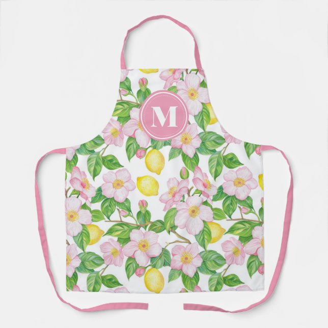 Tablier Monogramme à motif de citron floral rose (Recto)