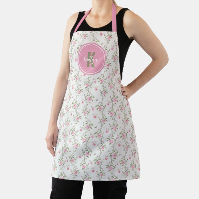 Tablier Monogramme à motif de fleurs de roses roses élégan (Insitu)