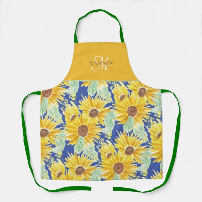 Tablier Monogramme à motif de tournesol à l'aquarelle rust (Recto)