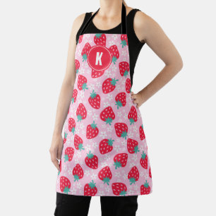 Tablier Monogramme à motif floral de fraises rouges roses