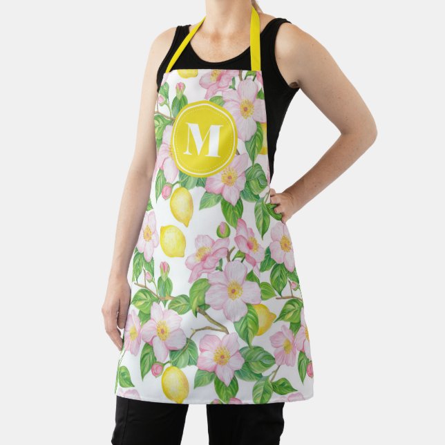 Tablier Monogramme à motif floral rose et citron (Insitu)