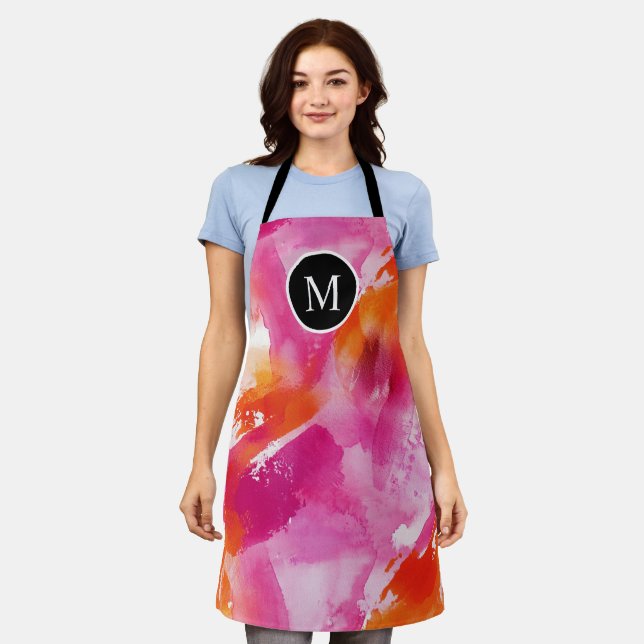 Tablier Monogramme Aquarelle rose orange Abstrait (Porté)