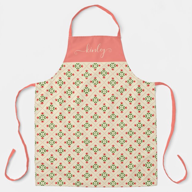 Tablier Monogramme| Art populaire Floral Pink & Green Quil (Recto)