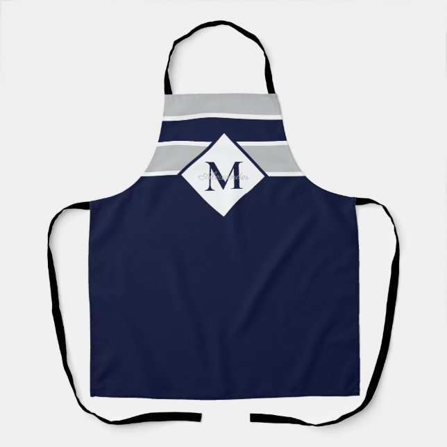 Tablier Monogramme bleu gris marine moderne (Recto)