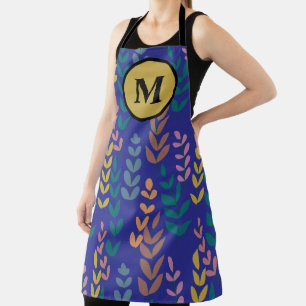 Tablier Monogramme botanique jaune gris bleu orange rose