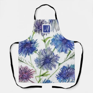 Tablier Monogramme botanique Jolis bleuets bleu violet