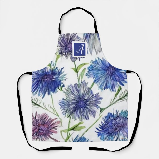 Tablier Monogramme botanique Jolis bleuets bleu violet  (Recto)