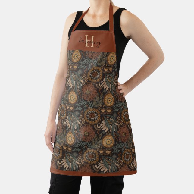 Tablier Monogramme Dark Boho Terracotta Sage Botanique  (Insitu)