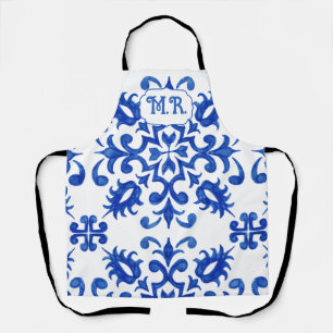 Tablier Monogramme de carreau bleu portugais