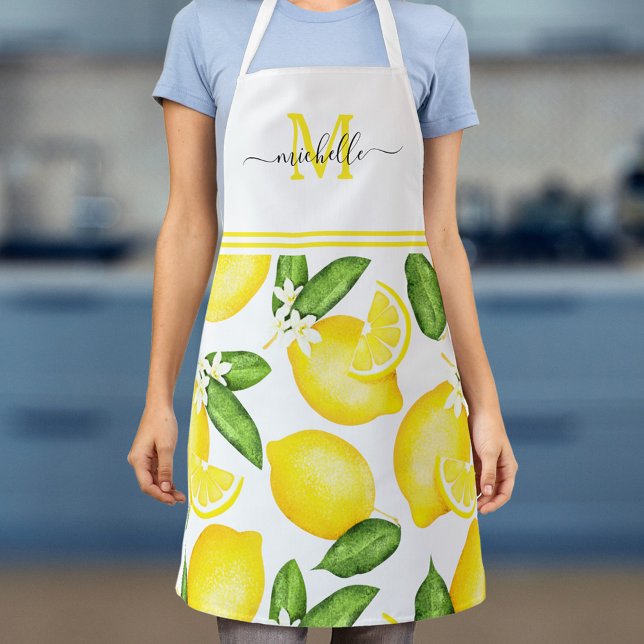 Tablier Monogramme de citron blanc botanique (Créateur téléchargé)
