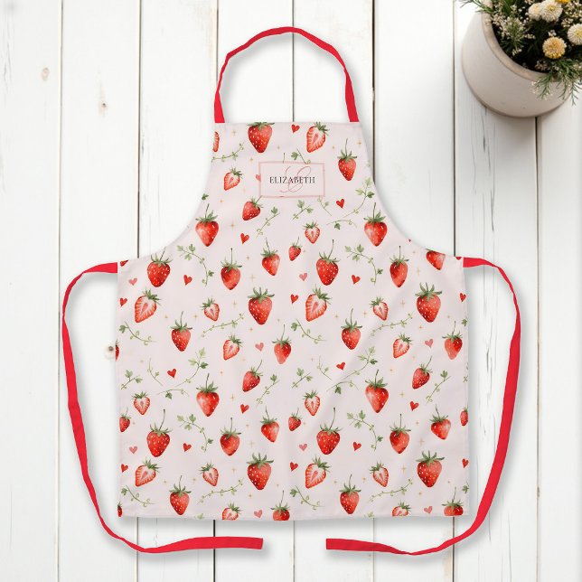 Tablier Monogramme de coeurs roses botaniques doux de baie (strawberry apron monogram personalized name birthday baby shower christmas mother gift)