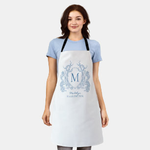 Tablier Monogramme de crête Florale Bleu Français Classiqu