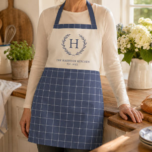 Tablier Monogramme de famille personnalisé bleu à carreaux