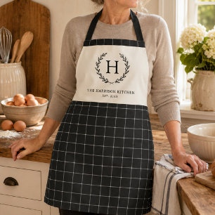 Tablier Monogramme de famille personnalisé carreaux noir m