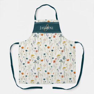 Tablier Monogramme de Fleur Sauvage Vert Orange Nom