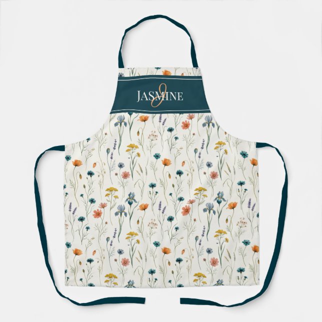 Tablier Monogramme de Fleur Sauvage Vert Orange Nom (Recto)