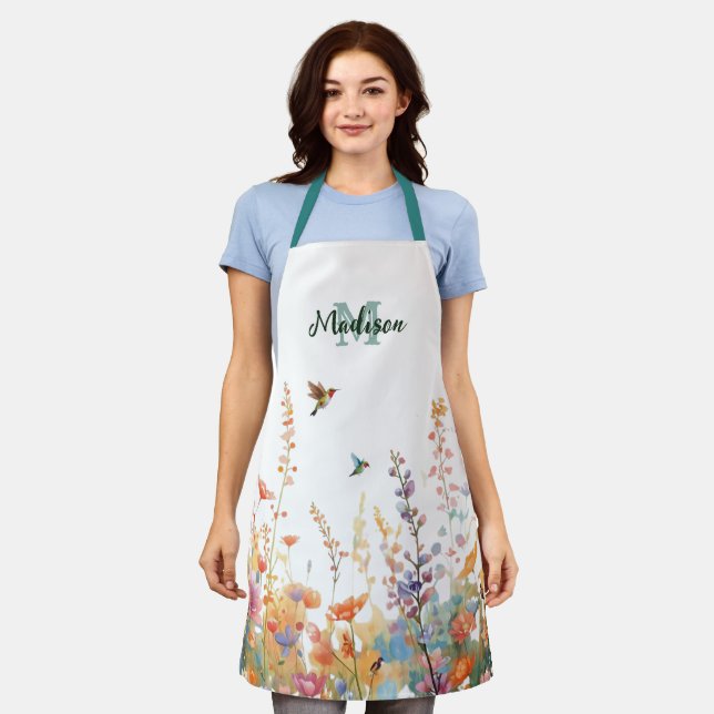Tablier Monogramme de fleurs sauvages à l'aquarelle Nom pe (Porté)