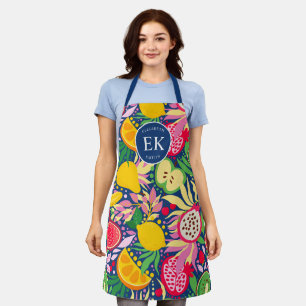 Tablier Monogramme de fruits tropicaux motif aquarelle d'é