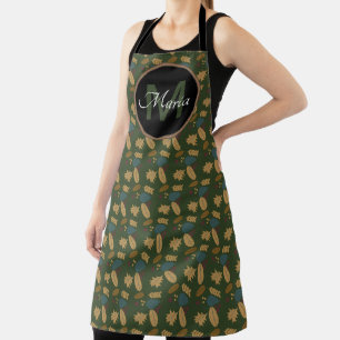Tablier Monogramme de motif vert de glands et de feuilles