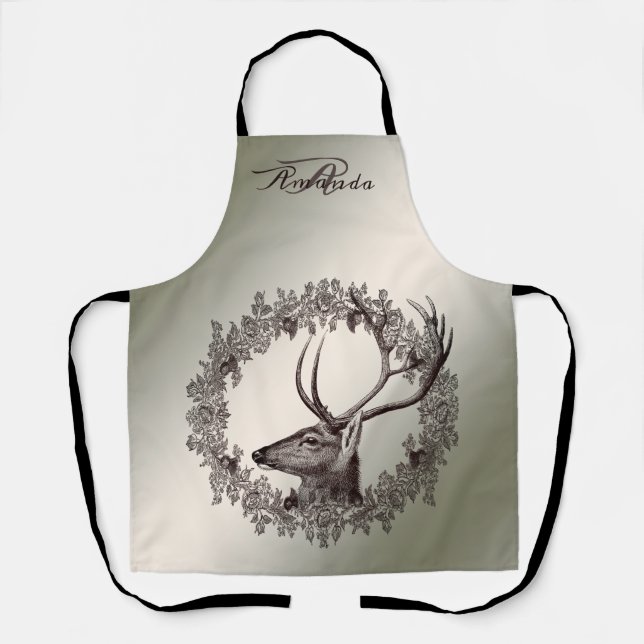Tablier Monogramme de Noël Floral Renne Doré Hiver (Recto)