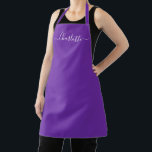 Tablier Monogramme de nom de script personnalisé violet gi<br><div class="desc">Texte de monogramme de nom de script moderne personnalisé violet graphe uni couleur unie girly élégant chic violet graphe et blanc tablier de cuisine. Personnalisez-le avec un nom, une citation, une phrase ou un texte. Idéal pour les cuisiniers, les chefs, la poterie, la céramique, les travaux manuels, le travail, la...</div>