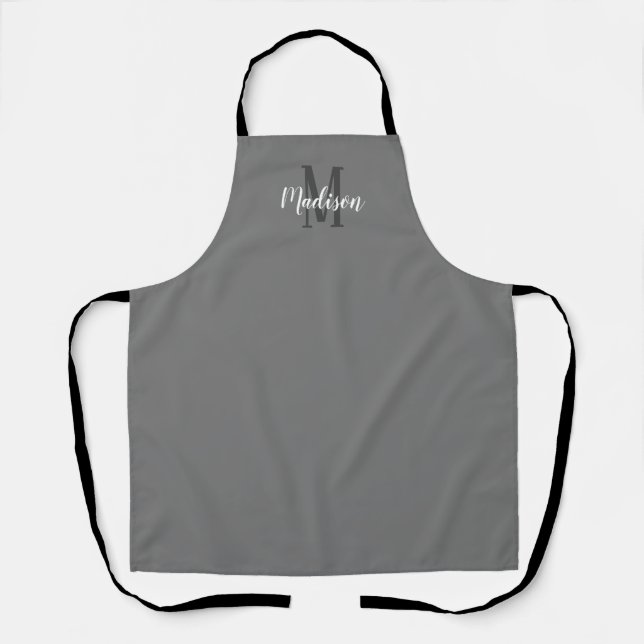 Tablier Monogramme de script blanc gris moderne Nom de la  (Recto)
