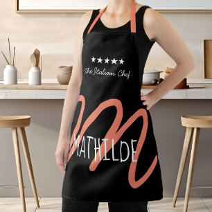 Tablier Monogramme de script moderne rose noir personnalis