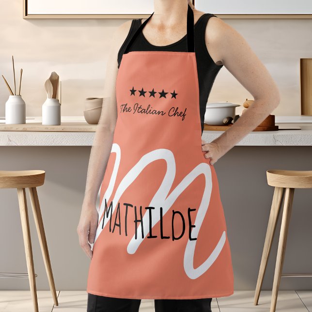 Tablier Monogramme de script moderne rose noir personnalis (Personalized Modern Elegant Pink Monogram Chef Apron)