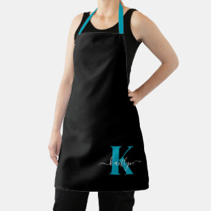 Tablier Monogramme de script sarcelle noir moderne