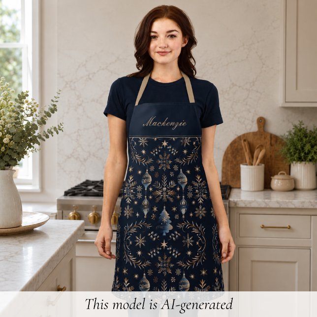 Tablier Monogramme de vacances de Noël bleu élégant (elegant navy blue gold winter holiday Christmas pattern apron with custom monogram name in script)