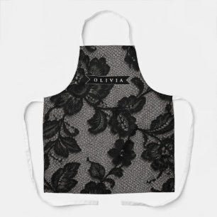 Tablier Monogramme élégant en dentelle noire personnalisé