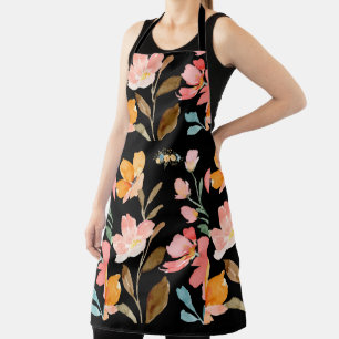 Tablier Monogramme Elegant noir Aquarelle Flower