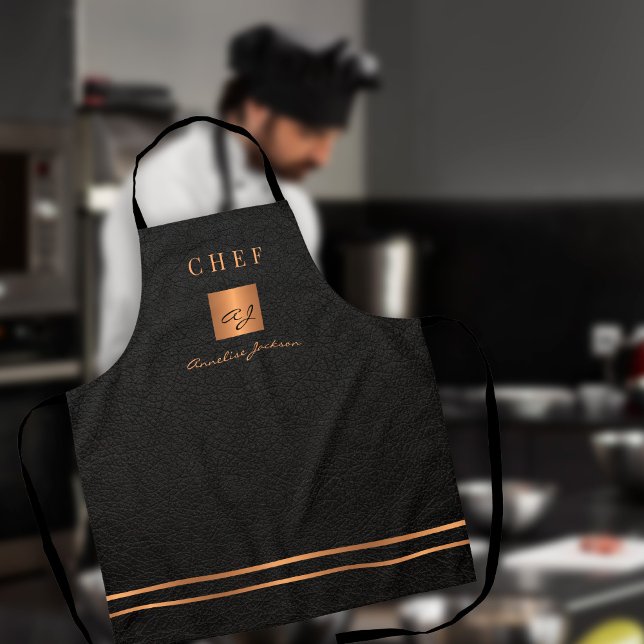 Tablier Monogramme élégant noir nom du script chef (Créateur téléchargé)