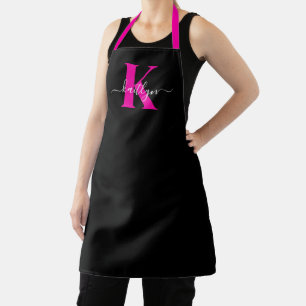 Tablier Monogramme élégant noir rose vif écriture