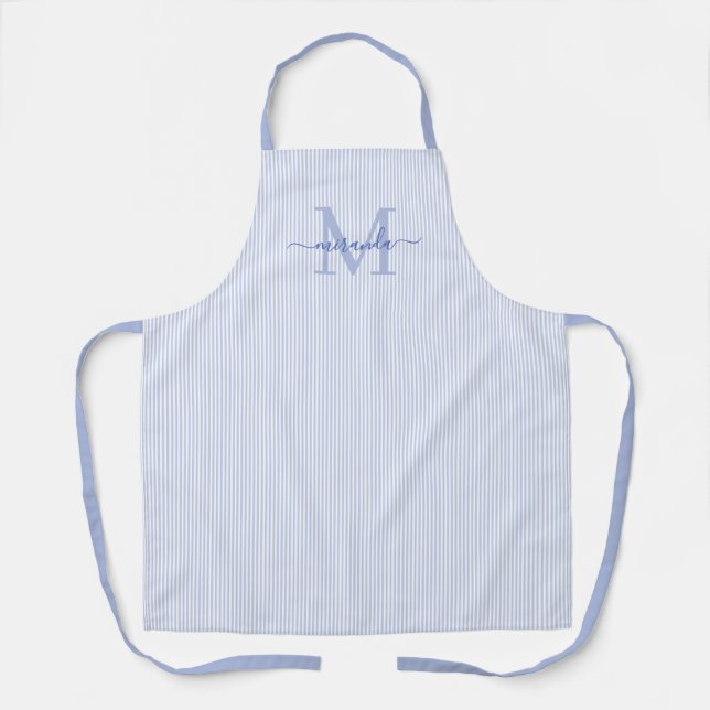 Tablier Monogramme Élégant Nom Rayure Bleue (Recto)