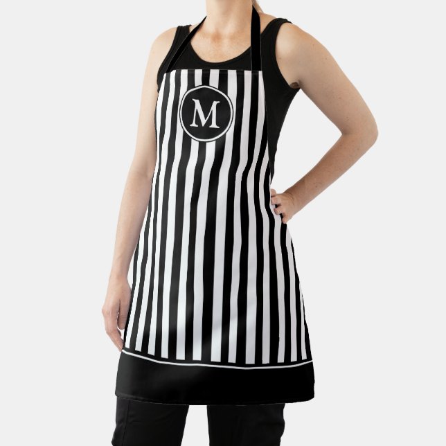 Tablier Monogramme Élégant Rayures Noires et Blanches (Insitu)