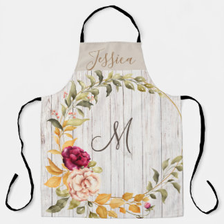 Tablier Monogramme en bois vieilli avec couronne en fleur 