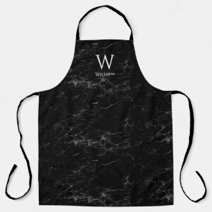 Tablier Monogramme en marbre noir Moderne Elégant Nom blan