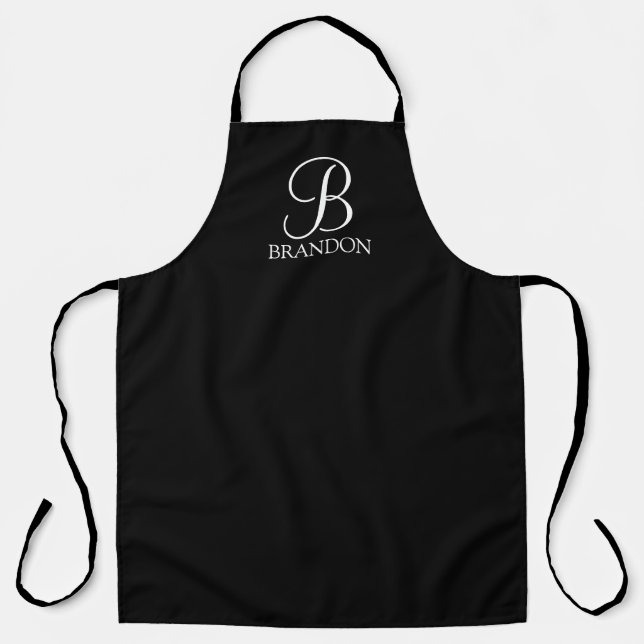 Tablier Monogramme et nom de script personnalisé noir (Recto)