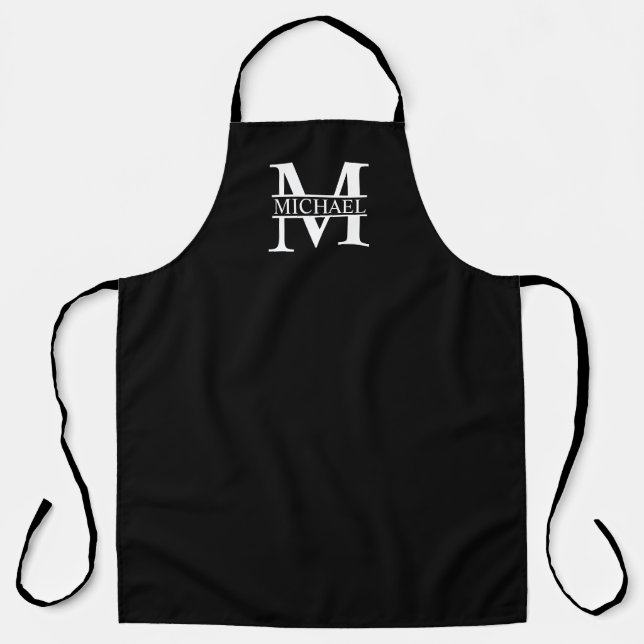 Tablier Monogramme et nom personnalisé noir et blanc (Recto)