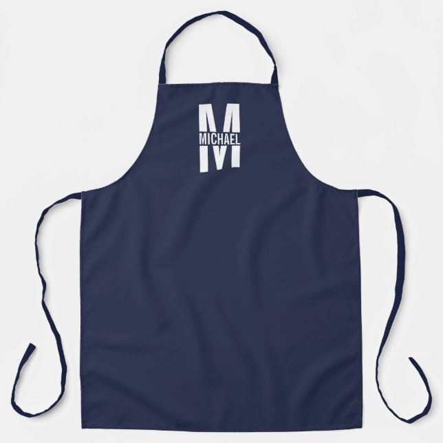 Tablier Monogramme et nom personnalisés bleu marine (Recto)