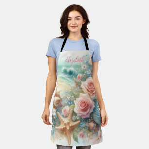 Tablier Monogramme et nom sur fleurs aquarelles mer coquil