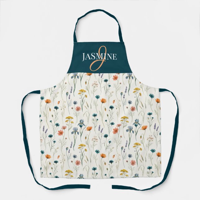 Tablier Monogramme Fleur Sauvage Vert Orange Nom (Recto)
