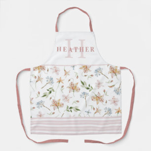 Tablier Monogramme Floral de Printemps à l'Aquarelle Rose