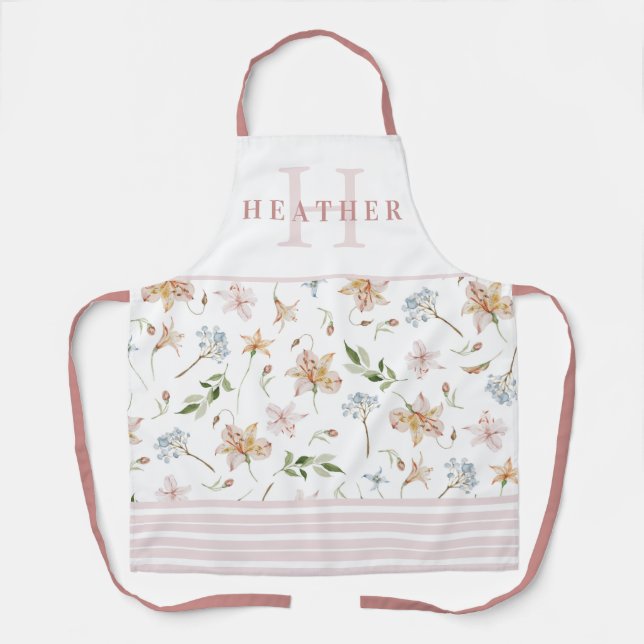 Tablier Monogramme Floral de Printemps à l'Aquarelle Rose  (Recto)