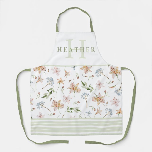 Tablier Monogrammé floral de printemps aquarelle vert saug (Recto)