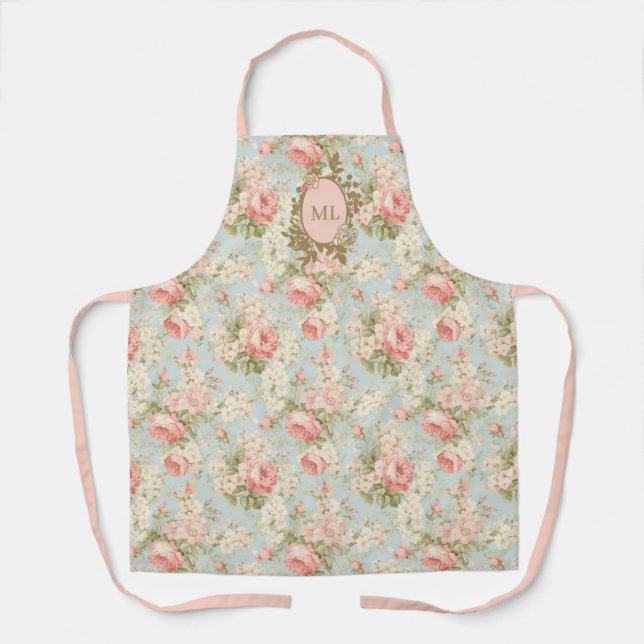 Tablier Monogramme Floral de Roses Roses Fuschies de Style (Recto)