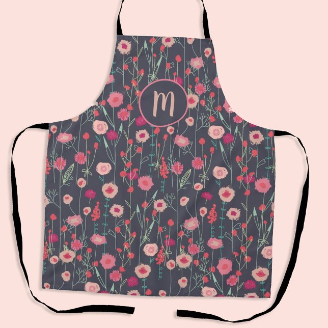 Tablier Monogramme floral foncé (Boho floral pink and charcoal gray personalized monogram apron)