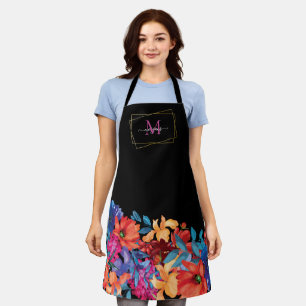Tablier Monogramme floral moderne noir